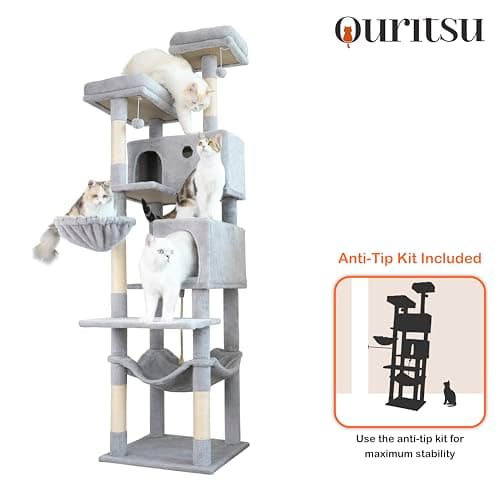 Ouritsu Cat Tree, 73.6 inch Tall Cat Climbing Tower for Large Cat Indoor with 2 Large Condos, 2 Widened Perches, Sisal Covered Scratching Posts, 2 Hammocks, Light Gray, XLF001GA 7