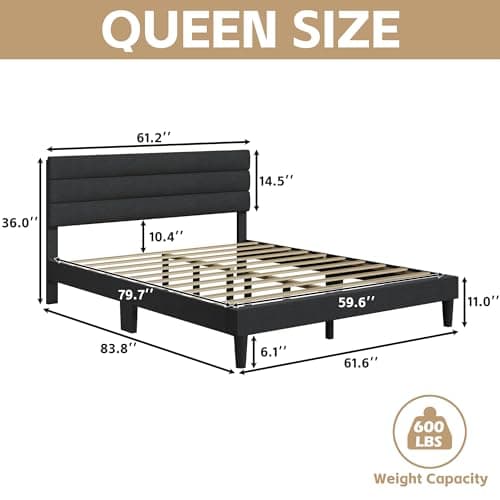 Fluest Queen Bed Frame Upholstered Queen Bed Frame Platform with Headboard Linen Fabric Headboard Wooden Slats Support, No Box Spring Needed, Easy Assembly, Mattress Foundation,Grey 7