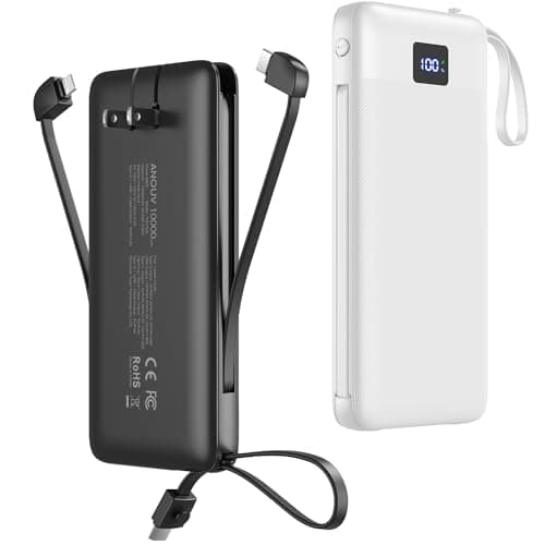2-Pack Portable Charger 10,000mAh 22.5W Fast Charging Power Bank with Built-in Cables & AC Wall Plug, Slim External USB C Battery Pack, Travel Essential Portable Phone Charger for iPhone, Samsung