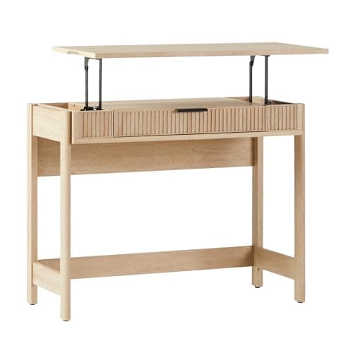 WALKER EDISON Transitional Style Furniture, Reeded Detail, Lift-Top Desk with Drawer and Storage Cubby, Sitting to Standing Desk, Soft Self-Close Desktop, 38”W x 16.75”D x 30”H, Coastal Oak 6
