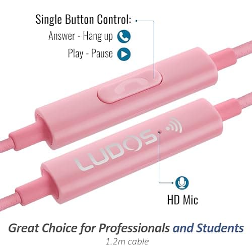 LUDOS Clamor Wired Earbuds in-Ear Headphones, 5 Years Warranty, Earphones with Microphone, Noise Isolating Ear Buds, Memory Foam for iPhone, Samsung, School Students, Kids, Women, Small Ears - Pink 7