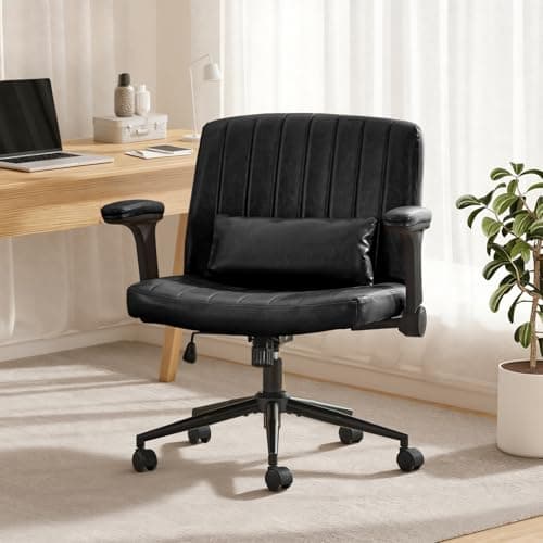 SAMERY Criss Cross Chair with Adjustable Flip-Up Arms, Wide Cross Legged Office with Wheels, Desk Vanity Chair Height Adjustable Swivel for Home Office Vanity Computer Task (Black, with Armrests)