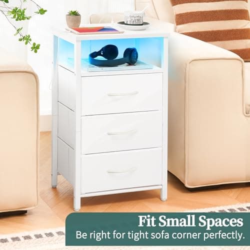 Yoobure Night Stand with Charging Station, 16 Colors LED Nightstand with USB Ports and Outlets, End Table with 3 Fabric Drawers and Storage Shelf, Bedside Tables Small Dresser for Small Space White 7