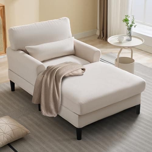 Mjkone 61" Velvet Chaise Lounge Indoor, Comfy Sleeper Chair with Cushion, Modern Lounge Chair with Solid Legs, Stylish Upholstered Leisure Sofa Recliner for Living Room Apartment Bedroom - Beige