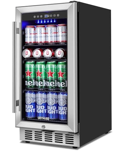 ORYMUSE 15'' Beverage Refrigerator - 130 Can Under Counter Fridge with Lock & Glass Door, Quiet Beer Fridge, Built-in or Freestanding, Powerful Cooling Compressor