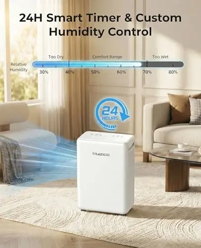 2000 Sq.ft Dehumidifier for Basement, Trazico 30 Pint Dehumidifiers for Home Large Room Bedroom Bathroom with Drain Hose, Intelligent Humidity Control, 3 Modes, 24H Timer, Auto Defrost, White 8