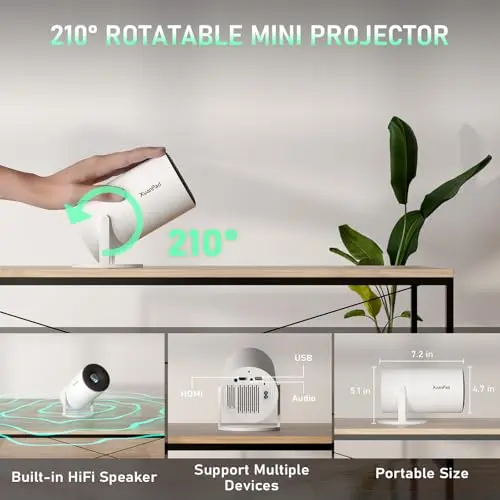 【Bone white Projector & Built-in Apps】XuanPad Mini Projector with Wi-Fi and Bluetooth, Full HD 1080P Smart Portable Projector with 210° Stand, Auto Vertical Keystone, Compatible with HDMI/USB/TV Stick 7