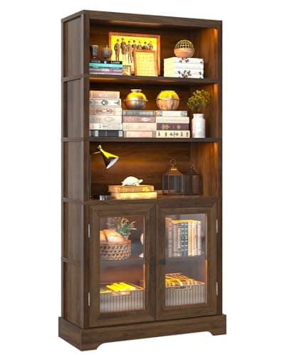 TVU 5-Tier Bookshelf, 65" Bookshelf with Multi-Color Ambient Lights (APP Remote Control), Tall Display Shelf with Cabinet Doors, Suitable for Living Room, Bedroom, Study, Office, Rustic Brown