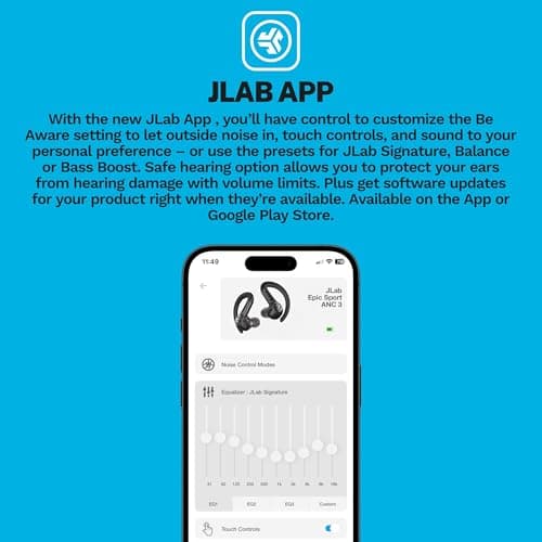 JLab Epic Air Sport ANC 3 True Wireless Bluetooth Earbuds for Active Workout, Hybrid Dual Drivers for Premium Sound, Hi-Res Audio, Spatial Audio, AAC, Sweatproof, 12+ Hours Playtime, Google Fast Pair 5