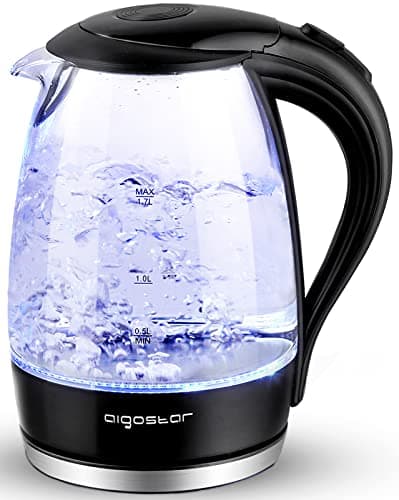 Aigostar Electric Kettle, 1500W Cordless Electric Tea and Hot Water Kettle with Filter, LED Illuminated, High Borosilicate Glass, No BPA, Auto Shutoff, Boil-Dry Protection, 360° Base, 1.7 Liter