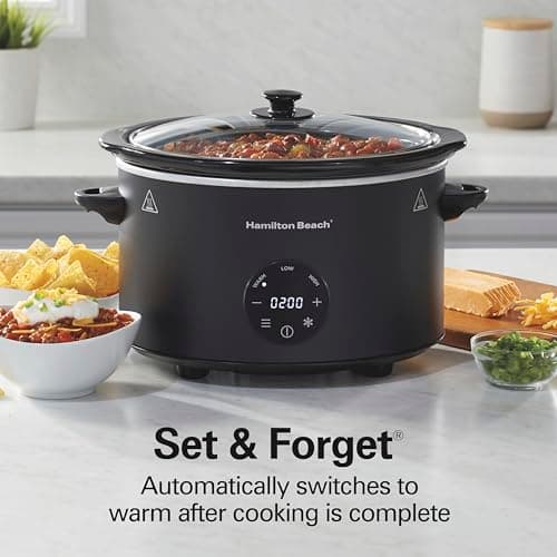 Hamilton Beach 6 Quart Set & Forget Programmable Slow Cooker with Defrost Function, Flexible Programming, Adjustable Countdown Timer, Large Dishwasher Safe Stoneware Crock and Glass Lid, Black (33765) 6