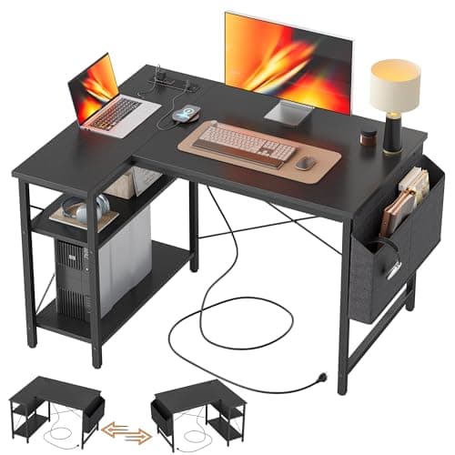 TIQLAB Small L Shaped Desk with Power Outlets - 40 inch Gaming Corner Computer Desk Writing Table, Reversible Large Storage Shelves, Bookshelf Workstation for Study Play Work Home Office, Black