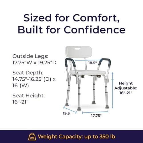 Drive Medical Shower Chair with Back & Padded Arms - Adjustable Height Bath Seat for Safety & Comfort - Lightweight Aluminum Construction- 350 Lb Capacity - White 7