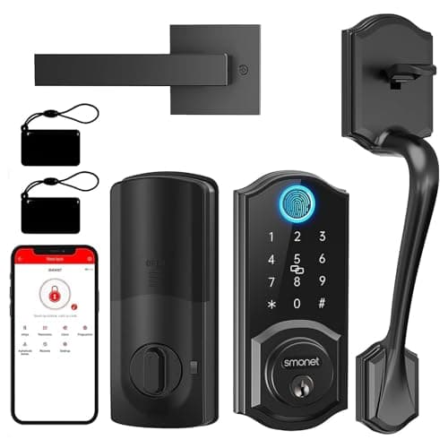 Smart Lock Front Door, SMONET Keyless Entry Door Lock with Handle, Smart Front Door Lock Set Fingerprint Smart Deadbolt Bluetooth Electronic Digital Keypad Lock, Auto Lock Work with Alexa, Black