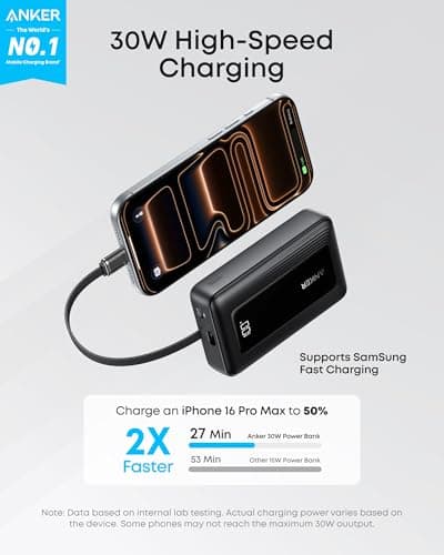 Anker Portable Charger, 10,000mAh 30W Power Bank, USB-C in and Out Fast Charging Battery Pack, Travel Essential Phone Power Bank, for iPhone 17/16, Galaxy and More (Black, 10000.00, Milliamp Hours) 2