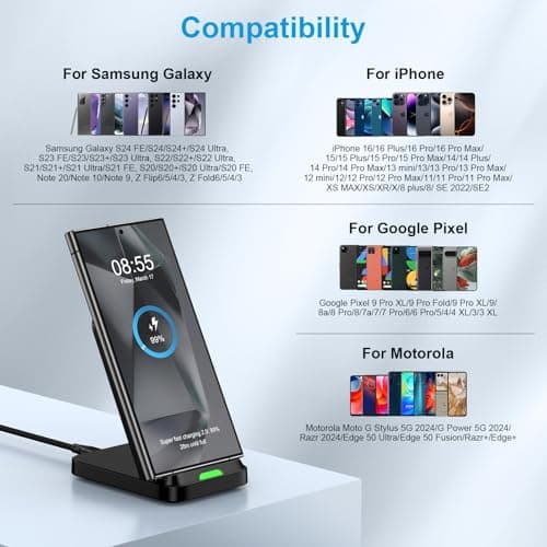Wireless Charger Stand, 15W Fast Desk Charging Station Android Wireless Charging Pad with Adapter for Motorola razr+ 2024/Edge, Galaxy S25/S24/S23, Pixel 9 8 7 7