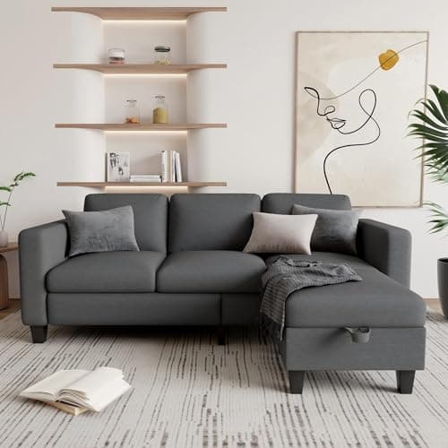 Grzyhem Sectional Couches for Living Room - Convertible L-Shaped Couch, Grey 3 Seater Modern Linen Sofa, 78" Sofas with Storage Ottoman for Small Space, Bedroom, Offices and Apartments 7