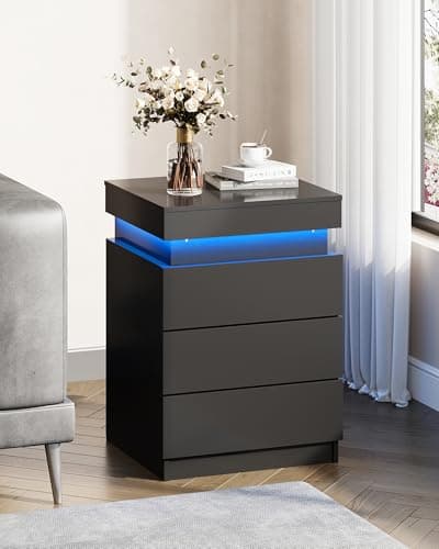 WLIVE Black Nightstand with Charging Station & LED Lights, Modern Night Stand with 3 Drawers and Sliding Top, Bedside Table End Table with Hidden Space for Bedroom, Living Room, Black 8