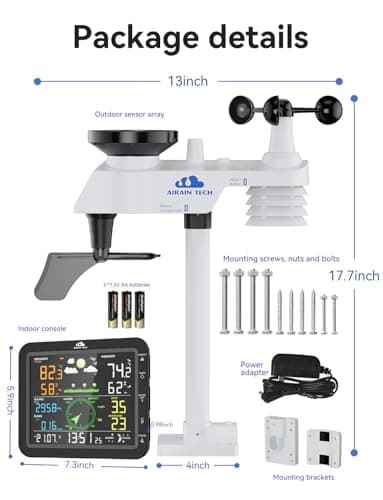 AIRAIN TECH 10-in-1 Wireless Weather Station with Outdoor Wireless Sensor,Radio Controlled Clock,Rain Gauge,Wind Speed/Direction,Moon Phase, Barometer,Temperature/Humidity,Weather Forecast (NO WiFi) 8