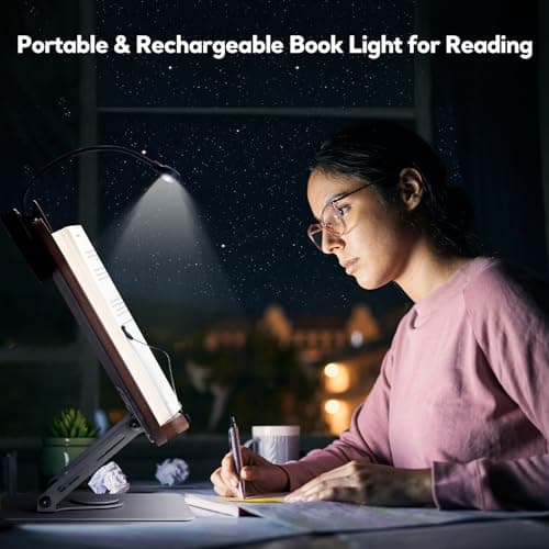 Book Stand for Reading with 360° Rotating Base, Adjustable Book Holder Cookbook Stand for Desk with Book Light, Foldable Desktop Stand for Textbook, Recipe, Sheet Music, Laptop 6