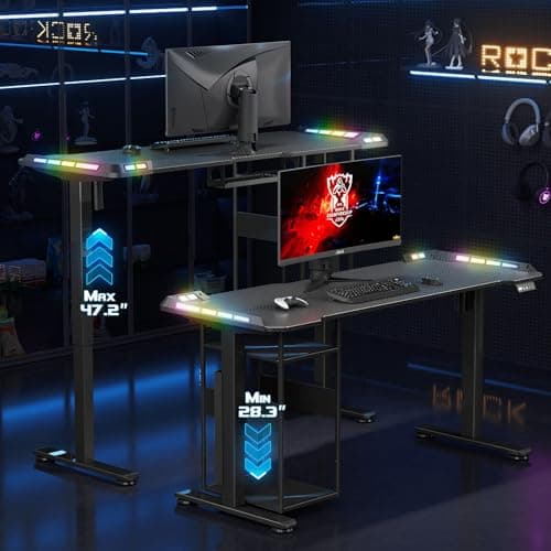 Gaming Standing Desk with LED Lights & Host Shelf, 55" x 24" Gaming Table with Music Sensing APP Control, Underdesk Cable Storage Electric Standing Desk, Black Carbon Fiber PC Table for Home Office 6