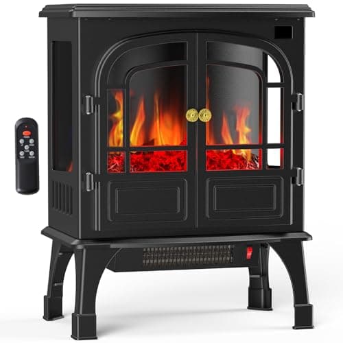 Sweetcrispy Freestanding Electric Fireplace, 26”Two Door Fireplace Heater with 3D Flame Effect, Overheating Safe Design, Energy Saving Space Heater with 12H Timer&Remote for Living Room, Bedroom,Black