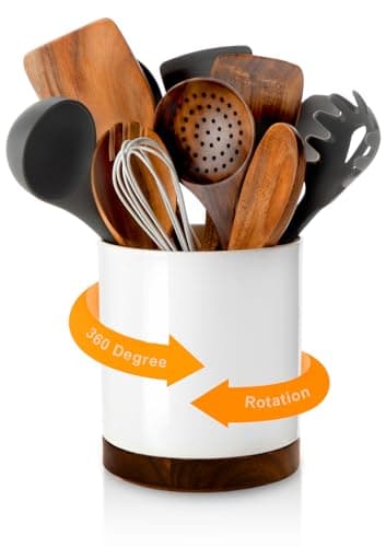 Nucookery 360° Rotating Utensil Holder, 7.2" Large Utensil Crock, White Ceramic Cooking Utensil Organizer with Countertop-Protection Cork Bottom for Farmhouse Kitchen Decor Christmas Gift (White)