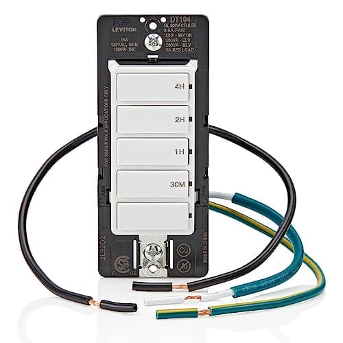 Leviton Countdown Timer Switch for household lights, heaters and exhaust fans, 30 min, 1-2-4 hour, No Neutral Wire Required, Single Pole, 15A, 1/2 HP/9.8A Fan/Motor, DT104-1LW, White 10