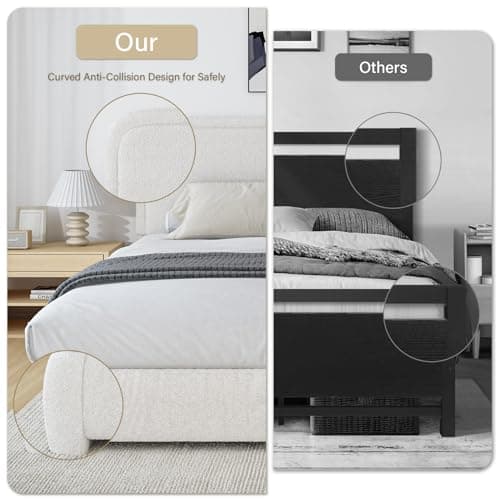 Queen Bed Frame with Headboard, Boucle Upholstered Platform Bed Frame, Modern Style, Soft Rounded Corners, Noise Free, Easy Assembly, Off White Boucle 7