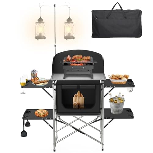 JOUYEK Camping Table, Aluminum Folding Camping Cook Station with Windshield, Upgrade Light Stand, Storage Bag, Quick Installation for Outdoor, Picnic, Cooking