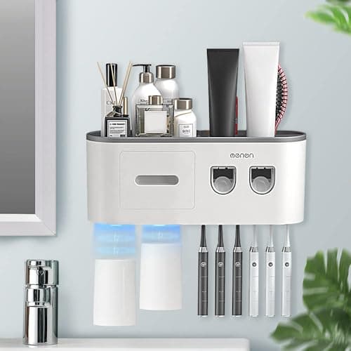 BHeadCat Toothbrush Holders for Bathrooms Wall Mounted, 6 Slot Toothbrush Holder with 2 Automatic Toothpaste Dispensers, 2 Magnetic Cups, Large Capacity Bathroom Organizer, Wall Storage with Drawer
