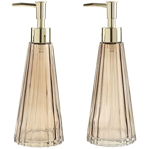 MyGift 2 Pcs Vintage Soap and Lotion Dispenser Set, Smoked Glass and Brass Liquid Pump Dispenser with Vertical Ribbed Design 6