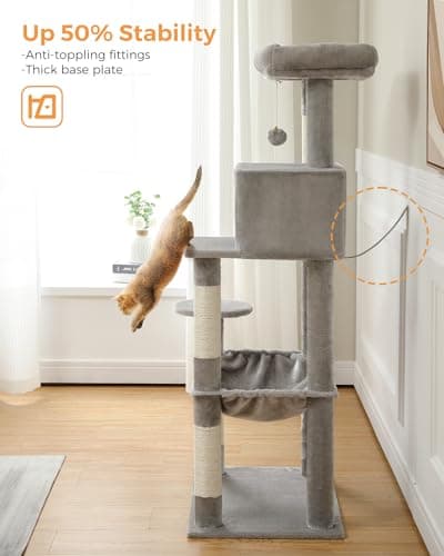 MUTTROS Cat Tree for Large Cats Adult with Metal Plush Big Hammock, 56.3" Cat Tower with 2 Door Condo House, 6-Tier Cat Shelves with Scratching Posts and Large Top Perch, Gray 6