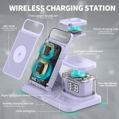 SOSHOT 5 in 1 Foldable Wireless Fast Charger with Night Light Transparent Clock for Apple Devices for iPhone 16 15 14 13 12 11 Pro Max Apple Watch for Apple Watch - Purple 5