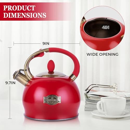 SUSTEAS Stove Top Whistling Tea Kettle - Food Grade Stainless Steel Teakettle Teapot with Cool Touch Ergonomic Handle, With 1 Silicone Pinch Mitt Included, 2.64 Quart(RED) 7