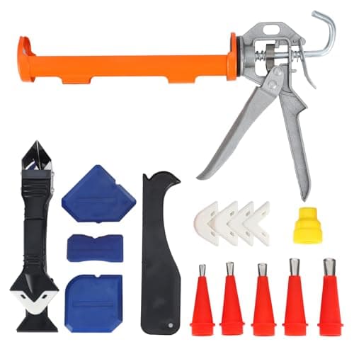 Caulking Gun Kits for 10 oz Caulk Tubes,Replaceable Nozzles and Silicone Caulk Remover,Sealant Finishing Tool with Grout Scraper,5 Exchange Pads, Ideal for Kitchen,Bathroom,Window