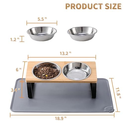 Upgraded Elevated Cat Bowls with Food Mat,15°Tilted Stand Anti Vomiting Raised Cat Dishes for Food and Water,2 Stainless Steel Bowls for Cats and Puppy 5