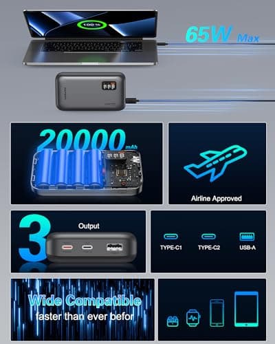 AsperX 65W Power Bank, 20,000mAh Laptop Portable Charger, PD 3.0 Fast Charging Travel Essential USB C Battery Pack for MacBook,iPhone 17/16/15/14 Series,Galaxy S24,Dell XPS, Switch,ipad,Steam Deck 7
