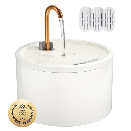 MISFANS Ceramic Cat Water Fountain - 2.1L/71oz - All-Ceramic Body & Pure Copper Water Spout - Non-Toxic - Automatic Pet Drinking Fountain Indoor with Ultra-Quiet Pump, and 3Pcs Filter & Sponge (White)