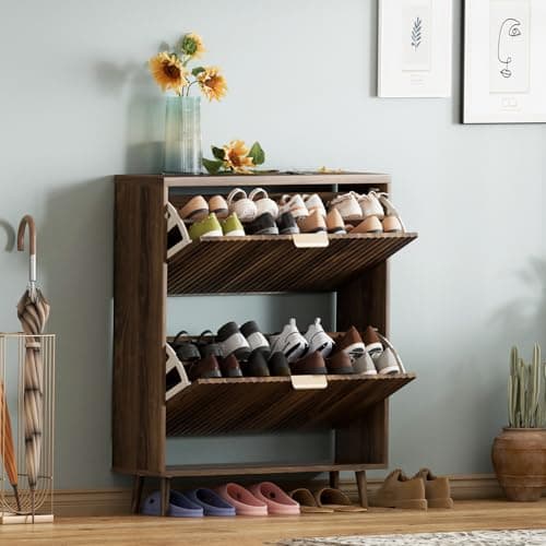 QIVOMIX Shoe Cabinet Storage,Modern Freestanding Organizer with 2 Flip Drawers,Narrow Shoe Rack Cabinet for Entryway,Walnut 6