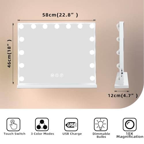 Fenair Vanity Mirror with Lights 22.8"x 18.1" Makeup Mirror with Lights and 15 Dimmable Bulbs,3 Colors Modes,Hollywood Mirror with USB Charging Port and 10X Detachable Magnification Mirror 5