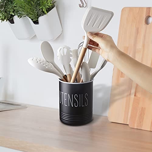 Kitchen Utensil Holder, 6.7" Utensil Holder for Kitchen Counter, Cooking Utensil Crock with Cork Bottom, Modern Farmhouse Decor, Countertop Utensil Storage Organizer Caddy, Black 7