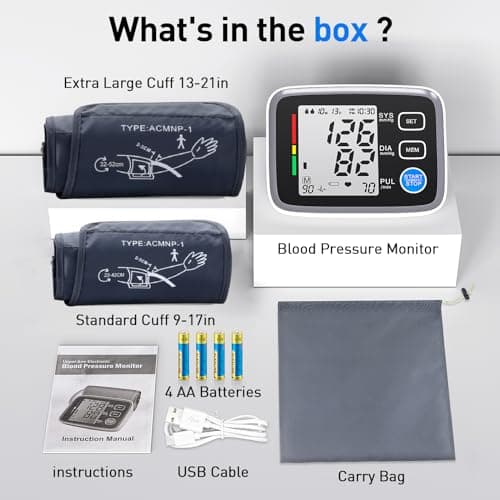 ALPHAGOMED Upper Arm Blood Pressure Monitor for Home Use 2 Cuff Sizes, 9-17'' & 13-21''Extra Large BP Cuff Automatic Digital Blood Pressure Machine 2 Users 180 Memories USB Cable 4 AA Batteries 6
