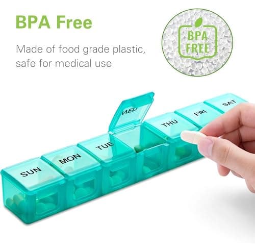 BUG HULL Weekly Pill Organizer Large 2 Packs, Extra Large Travel Pill Organizers, Pill Box 7 Day, Travel Pill Case, Medicine Pill Organizer for Vitamins, Supplements and Medications (Blue+Green) 5