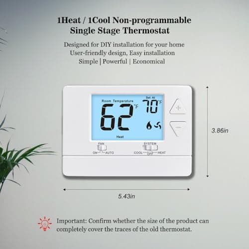 NonProgrammable Thermostat for Home, Digital Energy-Saving Thermostat,Single-Stage Systems, 1 Heat/1 Cool, Easy DIY Install,White Backlight 2