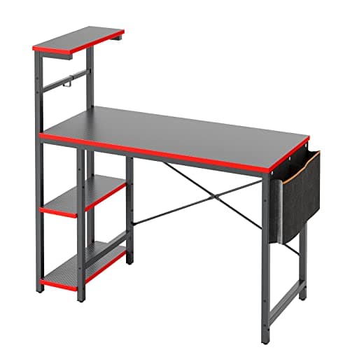 Bestier Gaming Desk with LED Lights, 44 Inch PC Gamer Desk for Small Spaces, Computer Desk with Reversible Storage Shelves & Side Storage Bag (Black 3D Carbon Fiber) 9