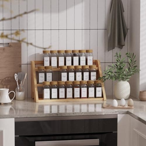 CCHIDG Bamboo Spice Rack Organizer -3-Tier Spice Rack for Countertop,Cabinet Spice Rack Organizer for 24 Spice Jars(4oz)，Step Shelf (yellow)