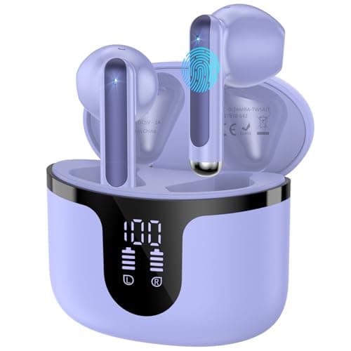 BHNYBWUL Wireless Earbuds, 2025 Bluetooth 5.3 Headphones HiFi Stereo 50H Playback Ear Buds with Led Digital Display, ENC Noise Cancelling Earbuds for Laptop Computer, iOS, Android, Purple