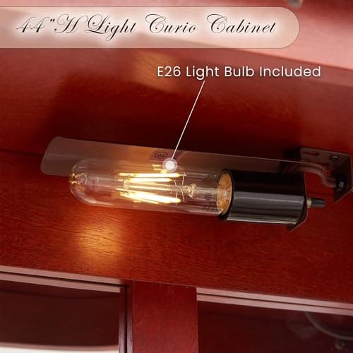 44" Small LED Glass Accent Curio Cabinet, Vintage China Cage with 2 Tempered Glass Doors & Adjustable Shelves, Acrylic Mirrored Pane, Elegant Wine Artwork Showcase for Living Room/Kitchen (Cherry) 5