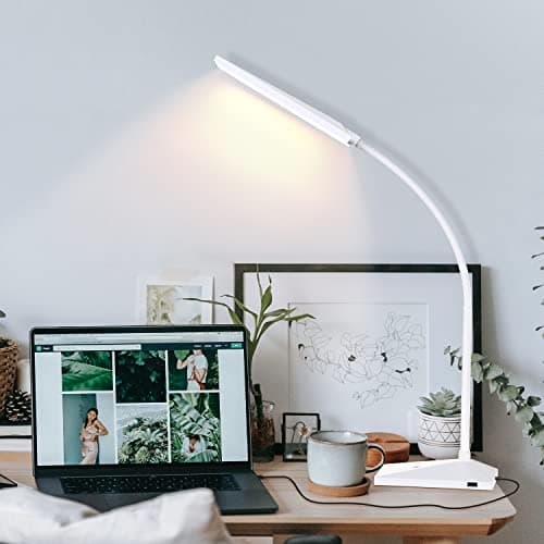RAOYI LED Desk Lamp, 12W Dimmable Table Lamp Eye-Caring Reading Light with USB Charging Port Touch Control 5 Color Modes 7-Level Brightness Adjustable for Office Home Bedroom (White) 7